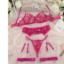 Conjunto lingerie renda transparente com cinta-liga