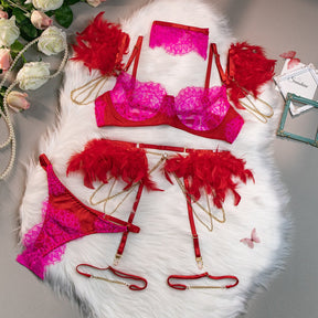 Conjunto Lingerie sexy com plumas e liga